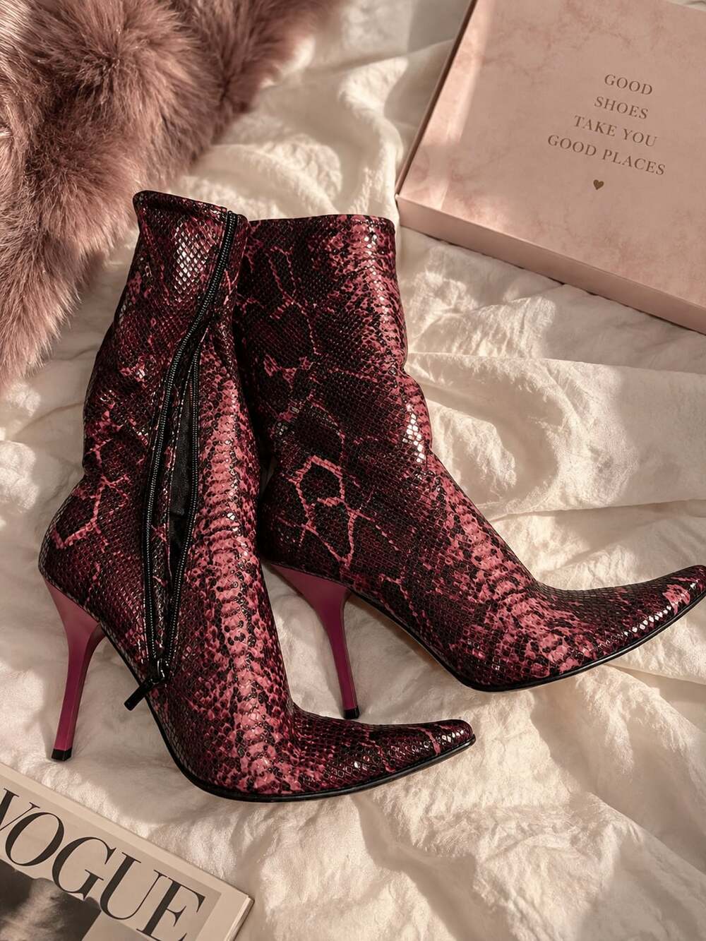 Bebe Boots Size 8 M Pink Snake Print Leather Stiletto Heels